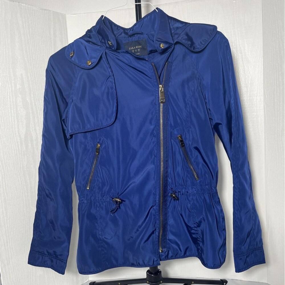 Zara Lightweight Windbreaker Blue Jacket Hood Zipper Snap Buttons Women’s Medium - Picture 2 of 9